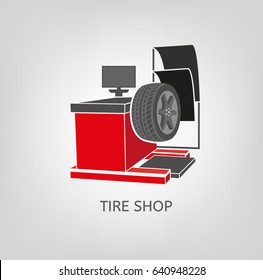 Computer wheel balancer vector illustration useful for icon and logotype design on a light background. Flat graphic style. Transportation concept. Digital pictogram in red, grey and black colours.