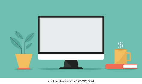 computer with white blank empty display screen for copy space on working space, flat vector design illustration