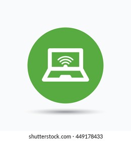 Computer with wifi icon. Notebook or laptop pc symbol. Flat web button with icon on white background. Green round pressbutton with shadow. Vector