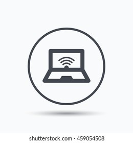 Computer with wifi icon. Notebook or laptop pc symbol. Circle button with flat web icon on white background. Vector