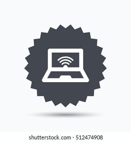 Computer with wifi icon. Notebook or laptop pc symbol. Gray star button with flat web icon. Vector