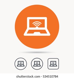 Computer with wifi icon. Notebook or laptop pc symbol. Orange circle button with web icon. Star and square design. Vector