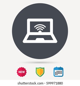 Computer with wifi icon. Notebook or laptop pc symbol. Calendar, shield protection and new tag signs. Colored flat web icons. Vector