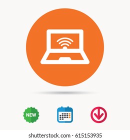 Computer with wifi icon. Notebook or laptop pc symbol. Calendar, download arrow and new tag signs. Colored flat web icons. Vector