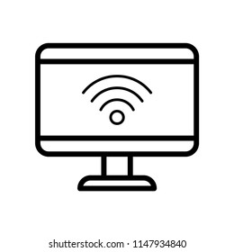 Computer with WiFi Sign, simple design, stroke outline style. Line vector. Isolate on white background.