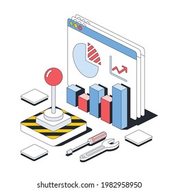 Fenêtre d'ordinateur et graphiques, investissements, panneau de contrôle, paramètres et options. Image vectorielle isométrique ligne 3d, icônes web couleur, nouveau style plat. Une idée de conception créative pour l'infographie.