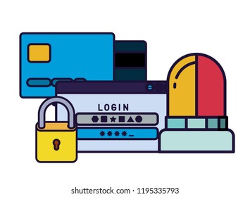 computer window with credit card and siren isolated icon