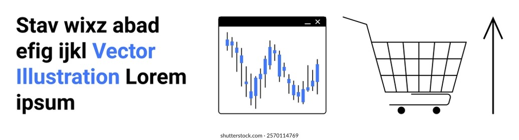 Computer window displaying stock market trends next to a shopping cart and an upward arrow. Ideal for business, finance, e-commerce, stock market, economic growth. Banner for landing page