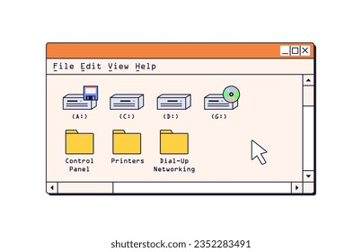 Computer window, retro interface. Old 90s nostalgic UI design, system drives, folders, files. 1990s nostalgia aesthetic. Retrowave technology. Flat vector illustration isolated on white background