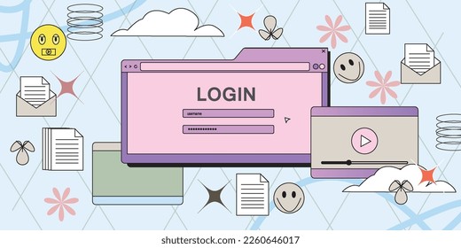 computer window in retro style,90s. with the addition of all kinds of stickers. popup user interface element, UI and UX vector illustration.