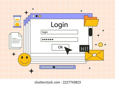 Computer window set. Collection of graphic elements for website, UI and UX design. Interface for programs and applications in retro style. Back to 80s and 90s. Cartoon flat vector illustration