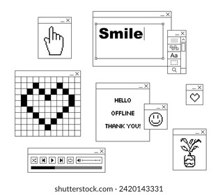 elementos de ventanas de computadora con icono de píxel web pop diseño plano simple mensaje de escritura gráfico digital línea negra línea de internet conjunto de estilo mínimo herramienta mano planta de corazón sonrisa reproducir música 