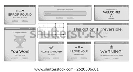 Computer windows graphic monochrome set, retro pc interfaces with text and buttons, decorative dialog screens in black and white. Vector illustrations.