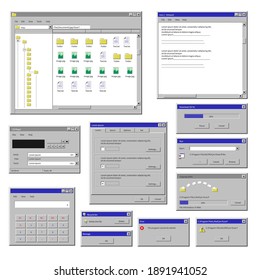 Computer windows interface, isolated icons of tables with information and application with data and buttons. Using internet and apps, resources on pc, graphic appearance. Vector in flat style