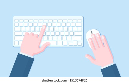 Computer wireless keyboard and mouse with hands of user. Technology and business concept vector flat style illustration on blue background.