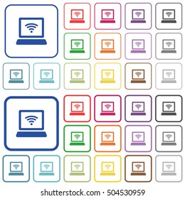 Computer with wireless symbol color icons in flat rounded square frames. Thin and thick versions included.