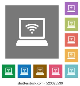 Computer with wireless symbol flat icons on simple color square background.