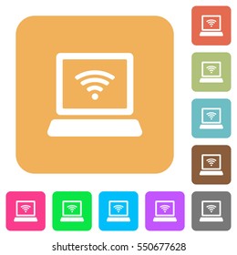 Computer with wireless symbol flat icons on rounded square vivid color backgrounds.