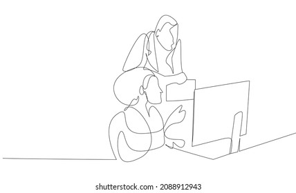At the computer, the woman is making explanations to the man behind her. people doing studies on science and education are doing analysis at the computer