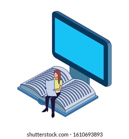 computer and woman reading sitting on a book over white background, vector illustration
