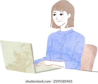 computer woman work office office watercolor vector