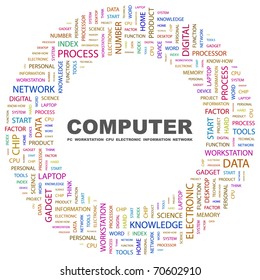 COMPUTER. Word collage on white background. Illustration with different association terms.