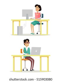 Computer work concept vector in flat design. Woman and man seating under table and working on computer and laptop. Office routine, business in internet, daily tasks illustrating. isolated on white.  