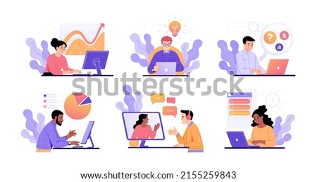 Computer work concepts. Vector illustration of a set of cartoon diverse business people in a flat style working at a computer or laptop in different directions: research, statistics, tasks, etc. 