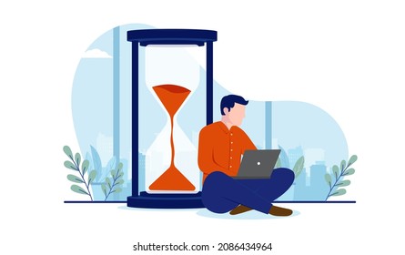 Computer work deadline - Man sitting with laptop in front of hourglass working while time is running out. Vector illustration with white background