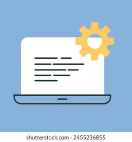 a computer. work. the icon. blue background. programming. write code. code. programmer. working with the code. write a program. The icon is flat.