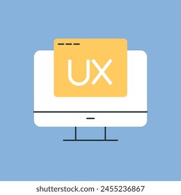 a computer. work. the icon. blue background. programming. write code. code. programmer. working with the code. write a program. The icon is flat.