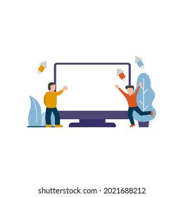 Vector de ilustración de aterrizaje de persona de trabajo informático