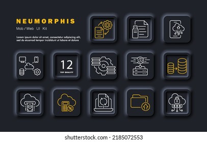 Computer work set icon. File management, gear, flash drive, backup, cloud storage, phone, finance, database, dollar, count, laptop, folder, password. Business concept. Neomorphism. Vector line icon.