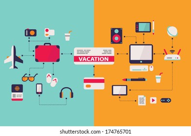 computer work and vacation airplane ticket scheme flat design