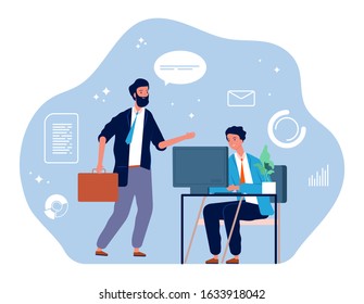 Computer worker. Young businessman, office manager. Overworked guys. IT, marketing or development male vector character