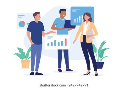 Computer workers and charts - Team of three people working on abstract data with diagrams and infographics. Flat design vector illustration with white background