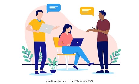 Computer workers talking and discussing work together in generic setting using laptops with speech bubbles over head. Flat design with white background