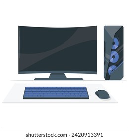 Computer working desk table or workplace vector illustration flat cartoon, pc. work place office modern design. Computer laptop with blank empty screen for copy space text on working desk table.