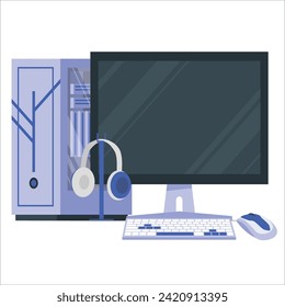 Computer working desk table or workplace vector illustration flat cartoon, pc. work place office modern design. Computer laptop with blank empty screen for copy space text on working desk table.