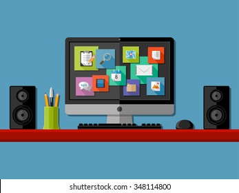 Computer workplace.  Flat design. Vector illustration.
