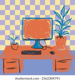 computer workspace with checkered wall illustration in bold pop art and sketchy hand drawing style