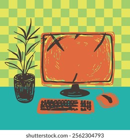 computer workspace with checkered wall illustration in bold pop art and sketchy hand drawing style