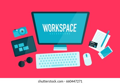 Concepto de espacio de trabajo informático para el trabajo de diseñador o fotógrafo. Diseño plano moderno con elementos de línea
