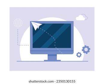 Computer workspace for jobs with settings and cloud, daily digital marketing. Screen developer creative. Character design. Vector data illustration