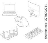 Computer workspace technical drawing bundle for workstation mockups, IT documentation, and product presentations. Designed for corporate interface planning and hardware visualization.