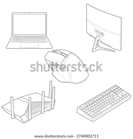 Computer workspace technical drawing bundle for workstation mockups, IT documentation, and product presentations. Designed for corporate interface planning and hardware visualization.