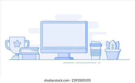 Computer workstation with books, coffee cup, plant, victory cup flat vector illustration in line art style.