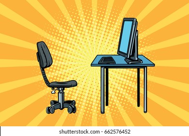 computer workstation and chair. Pop art retro vector illustration