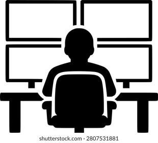 Computer workstation operator icon with person sitting at desk and multiple monitors, perfect for office, IT support, control room, online work, technology, and business design.
