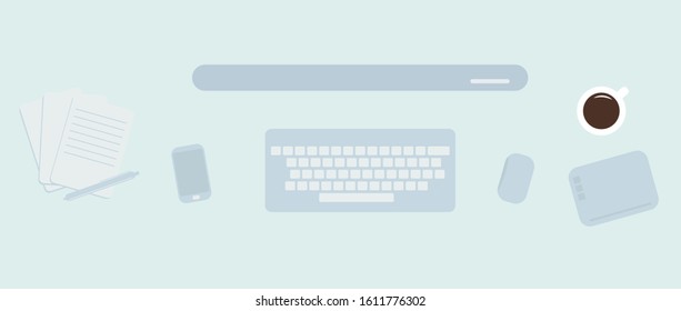 Computer workstation. Vector illustration depicting a keyboard, mouse, notebook, pad, monitor. The concept of work in the office.